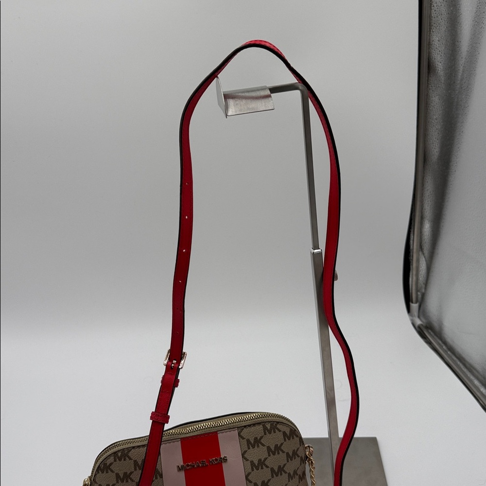 Michael Kors Brown Monogram Crossbody with Red and Pink Stripes - Picture 3 of 9